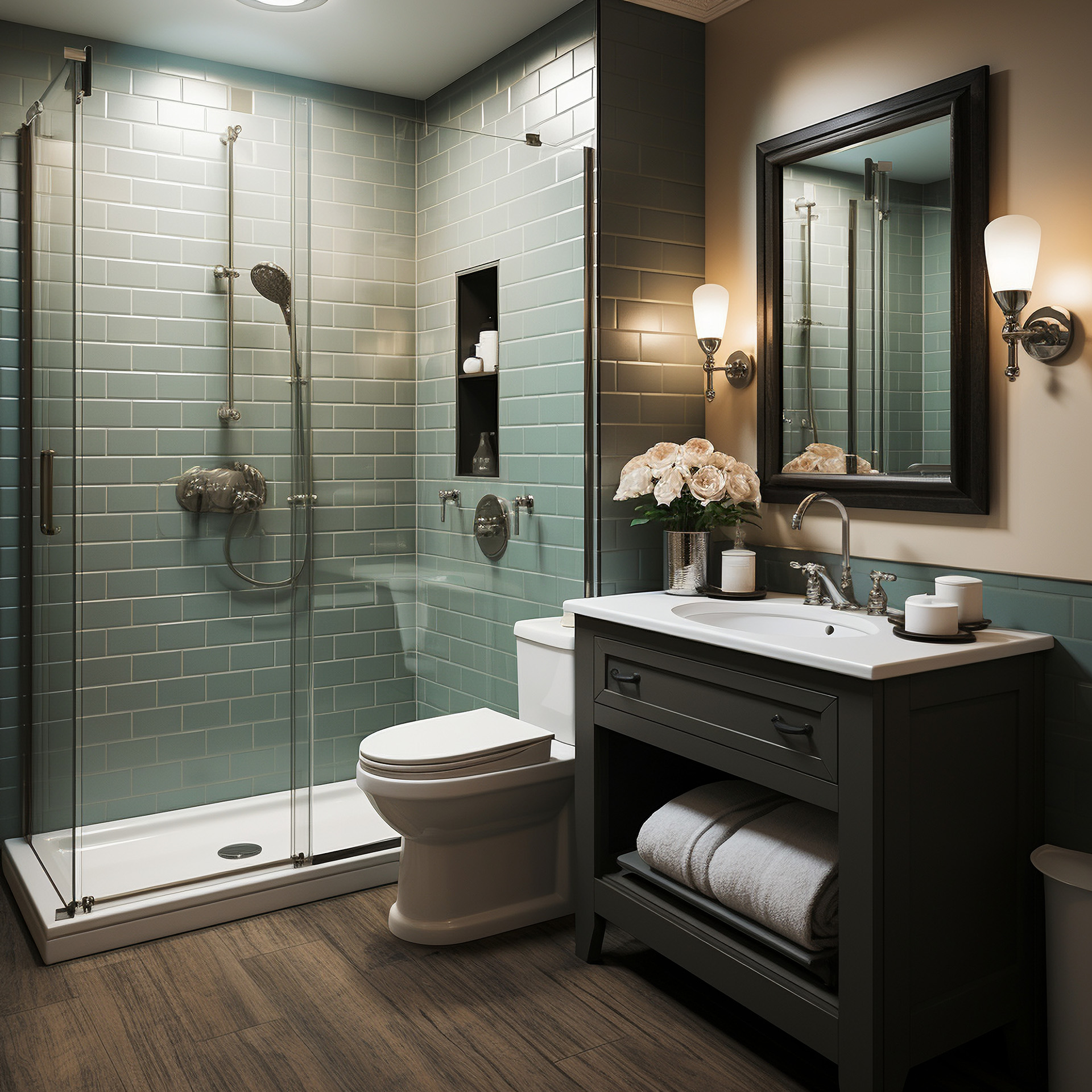 Modern bathroom with glass shower, light green subway tile walls, wooden floor, white toilet, and dark vanity with mirror and floral decor.